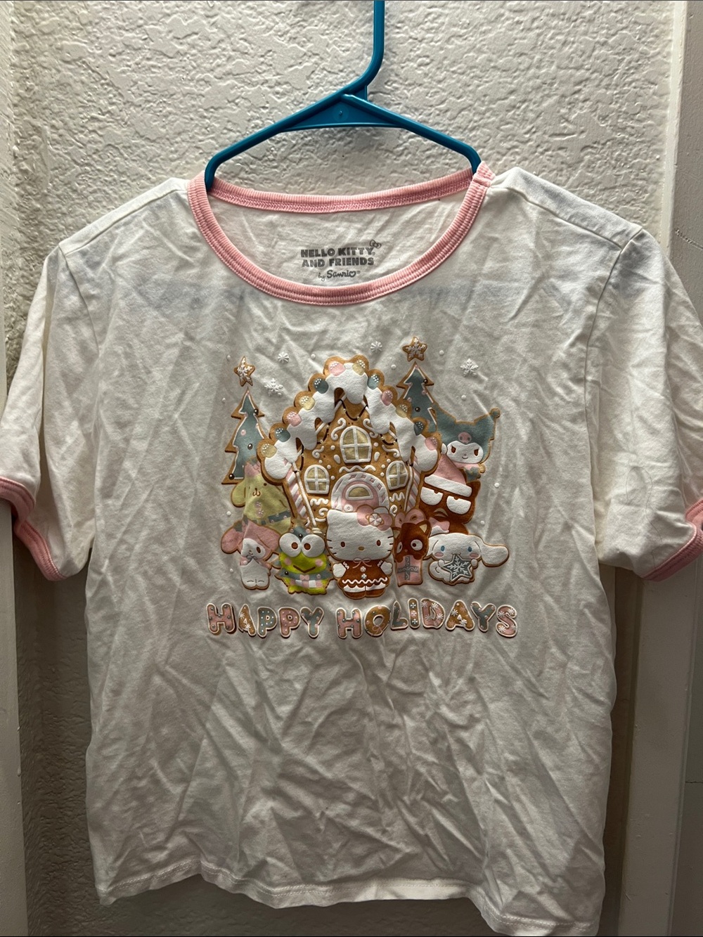 Sanrio White Short Sleeve Tee with Pink Trim and Holiday Character Print